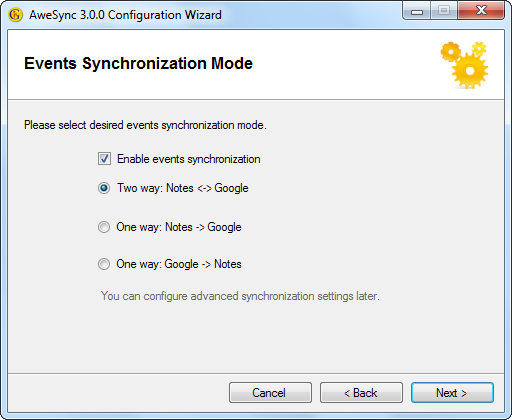 AweSync - Configuration Wizard - Calendar Synchronization Mode