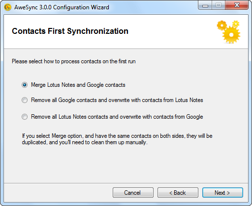 AweSync - Configuration Wizard - First Contacts Sync