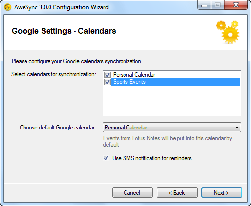 AweSync - Configuration Wizard - Google Calendars