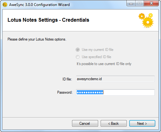 AweSync - Configuration Wizard - Lotus Notes Credentials