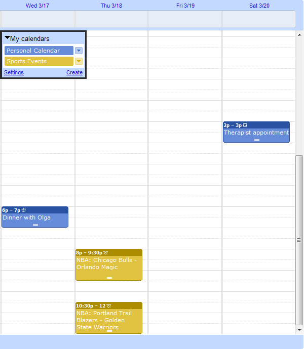Events in 2 Google Calendars