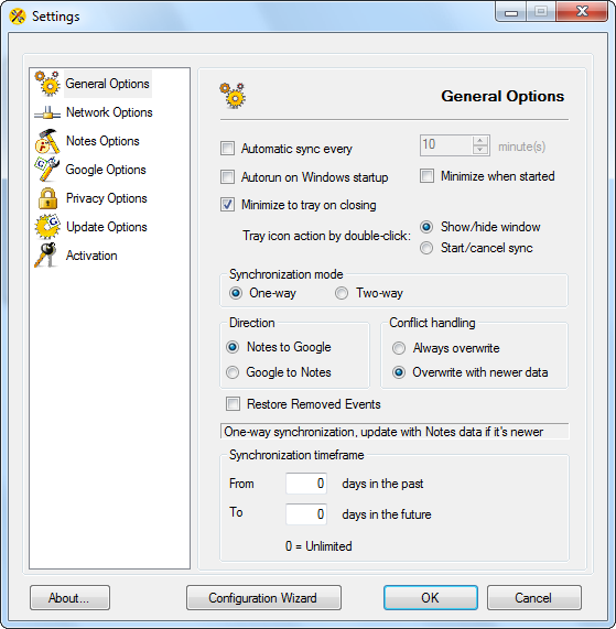 AweSync - Calendar Synchronization Settings - One Way