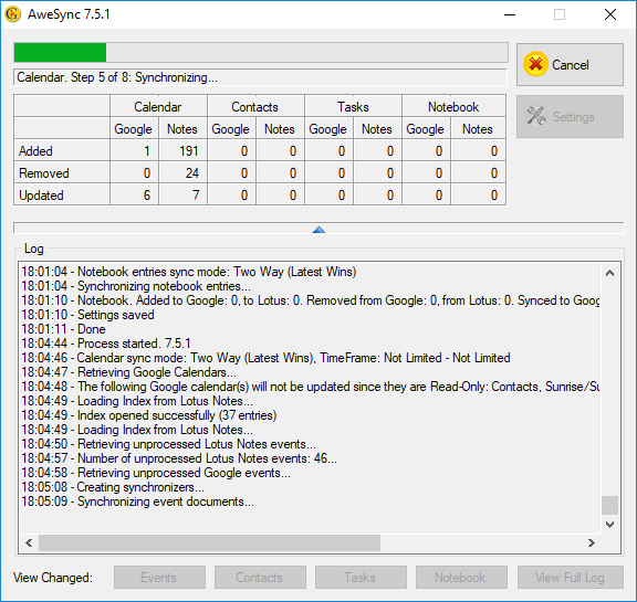 AweSync sync your Lotus Notes Calendar Contacts Tasks & Notebook with Goog reliable Screen Shot