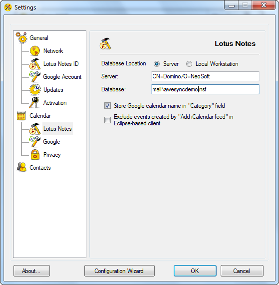 AweSync - Calendar Lotus Notes Settings