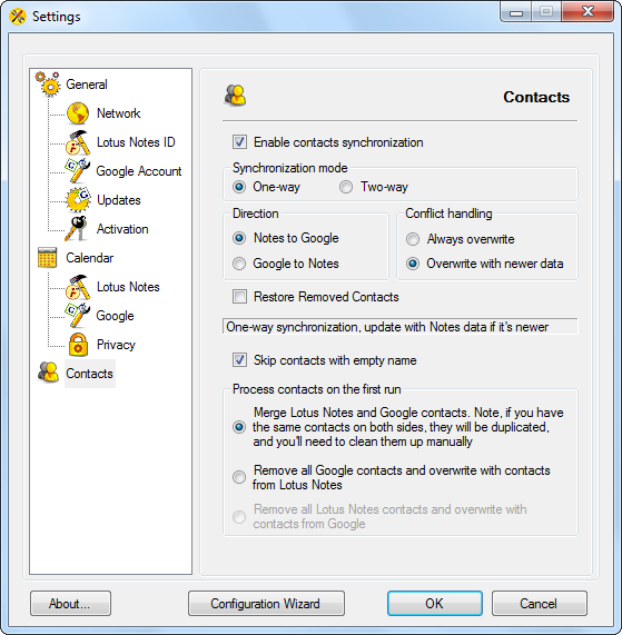 AweSync - Contacts Settings - One Way