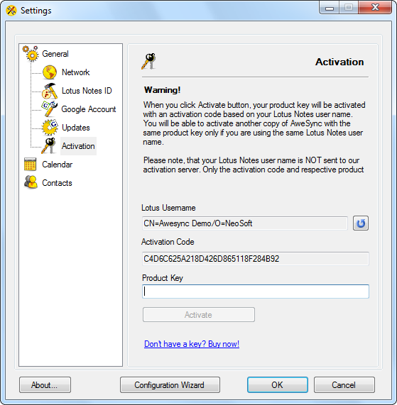 AweSync - General Activation Settings
