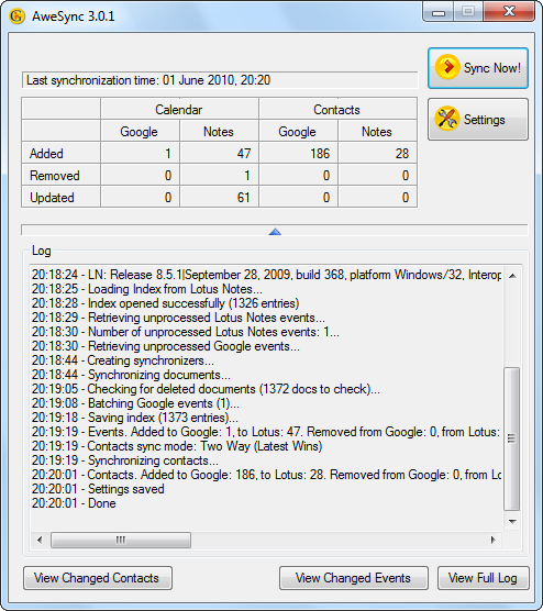 AweSync - Synchronization Log Screen