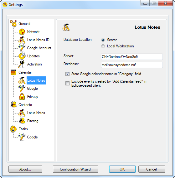 AweSync - Calendar Lotus Notes Settings