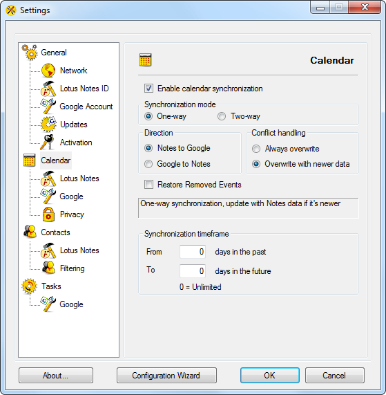 AweSync - Calendar Synchronization Settings - One Way