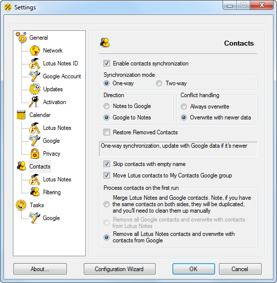 AweSync - Contacts Settings - One Way