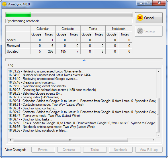 AweSync - Synchronization Log Screen