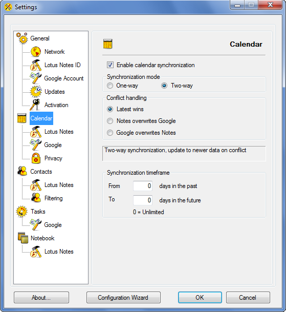 AweSync - Calendar Synchronization Settings - One Way