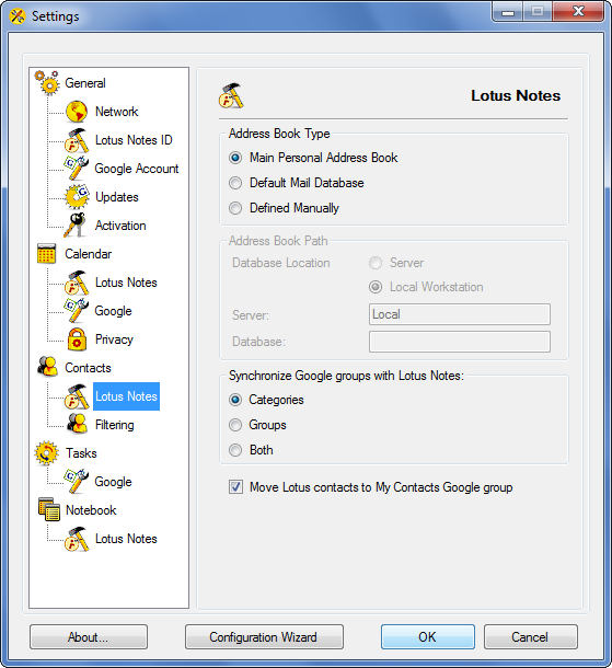 AweSync - Contacts Settings Lotus Notes