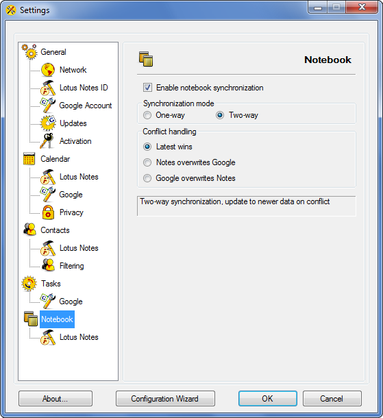 AweSync - Notebook Synchronization Settings - One Way