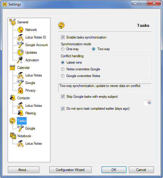 AweSync - Tasks Synchronization Settings