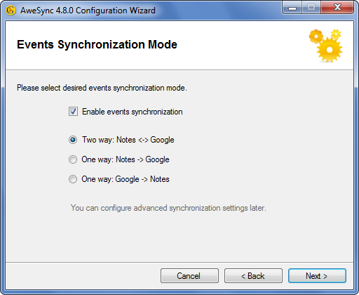 AweSync - Configuration Wizard - Calendar Synchronization Mode