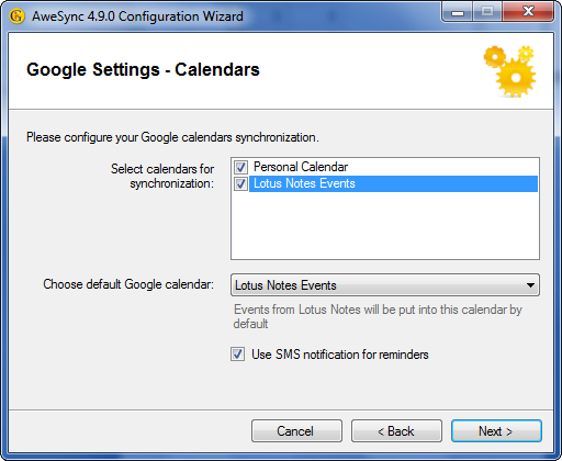 AweSync - Configuration Wizard - Google Calendars