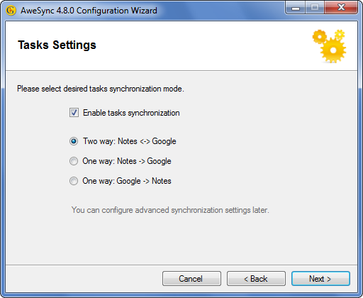 AweSync - Configuration Wizard - Tasks