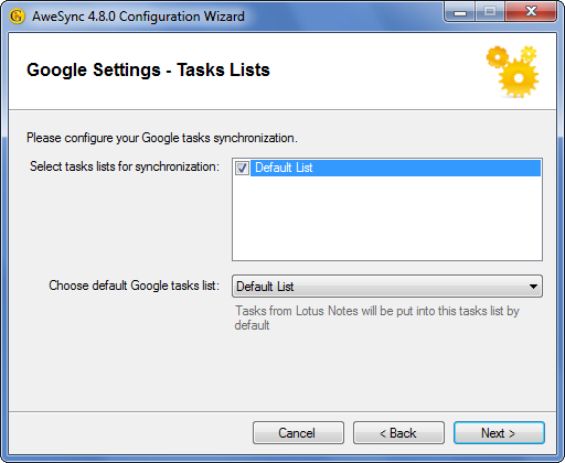 AweSync - Configuration Wizard - Tasks List