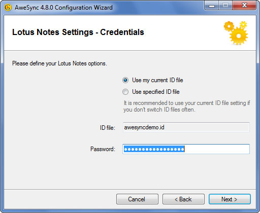 AweSync - Configuration Wizard - Lotus Notes Credentials