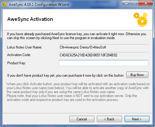 AweSync - Configuration Wizard - Activation