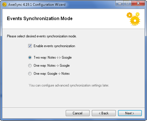 AweSync - Configuration Wizard - Calendar Synchronization Mode