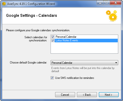AweSync - Configuration Wizard - Google Calendars