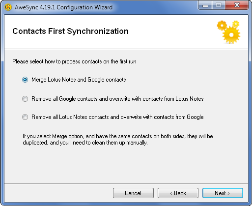 AweSync - Configuration Wizard - First Contacts Sync