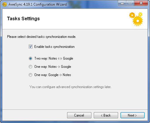 AweSync - Configuration Wizard - Tasks