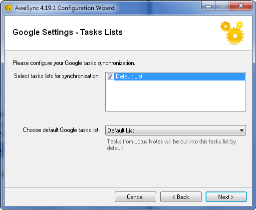AweSync - Configuration Wizard - Tasks List