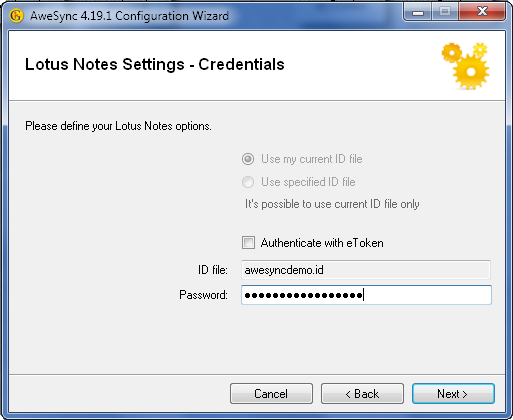 AweSync - Configuration Wizard - Lotus Notes Credentials