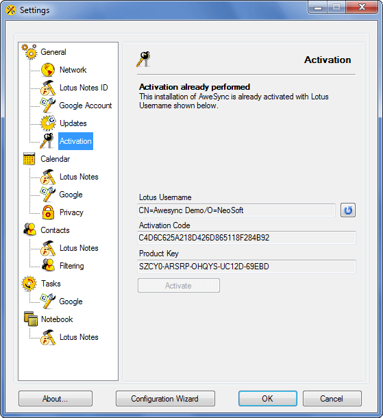 AweSync - General Activation Settings