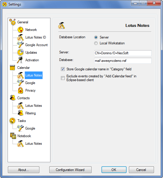 AweSync - Calendar Lotus Notes Settings