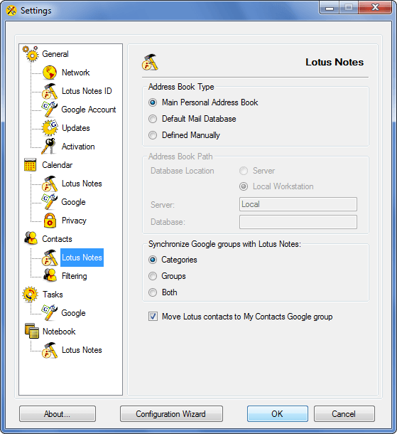 AweSync - Contacts Settings Lotus Notes