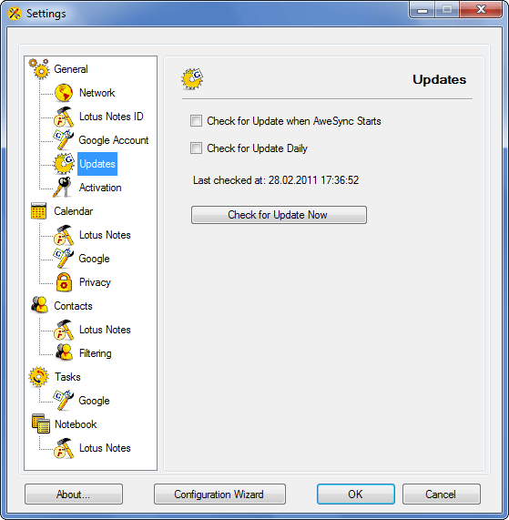 AweSync - General Updates Settings